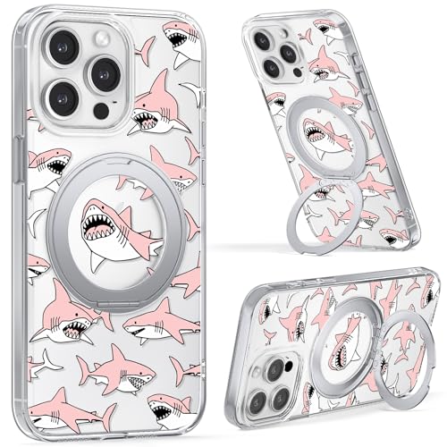 FEWGEY Magnetische Schutzhülle für iPhone 15, kompatibel mit MagSafe, integrierter Ständer, transparent, TPU, stoßfest, mit rosa Haien, entworfen für iPhone (Haie, iPhone 15 Pro Max) von FEWGEY