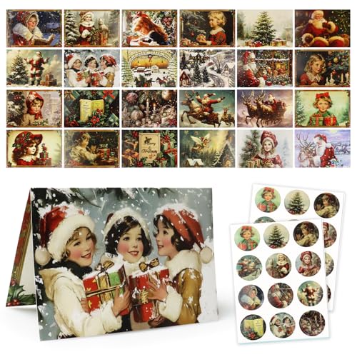 FFTANXS Weihnachtskarten, Set 24 pcs Karte weihnachten blanko + 24pcs Umschlag + 24pcs Aufkleber,Klapp Weihnachtskarte Mit mit unterschiedlichen Motiven,Christmas cards Postkarten Geeignet zum Danken von FFTANXS