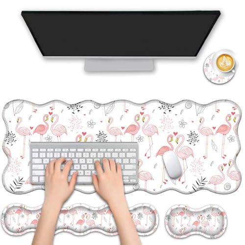 FGDRFGRW 4-in-1-Schreibtischmatten-Set, Mauspad mit Tastatur-Handgelenkauflage, wellenförmiges Design, rutschfeste Gummiunterseite, wasserdicht, für Zuhause, Büro, Gaming, niedlicher Flamingo von FGDRFGRW