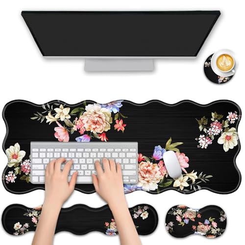 FGDRFGRW 4-in-1-Schreibtischmatten-Set, Mauspad mit Tastatur-Handgelenkauflage, wellenförmiges Design, rutschfeste Gummiunterseite, wasserdicht, für Zuhause, Büro, Gaming-Pfingstrosenblume von FGDRFGRW