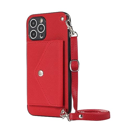 FHCBEMGI Brieftaschen-Hülle for iPhone 14/14 Plus/14 Pro/14 Pro Max Verstellbares Umhängeband Aus PU-Leder Mit Halterung Stoßfeste Sturzsichere Rückseite (Rot,14 6.1") von FHCBEMGI