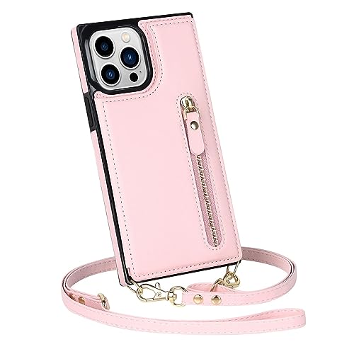 FHCBEMGI Hülle for iPhone 14 Pro Max/14 Pro/14 Plus/14 Reißverschluss-Wallet-Design-Abdeckung Mit Schultergurt Und Flip-Card-Slot Stoßfeste Lederschale (Pink,14 Pro 6.1") von FHCBEMGI