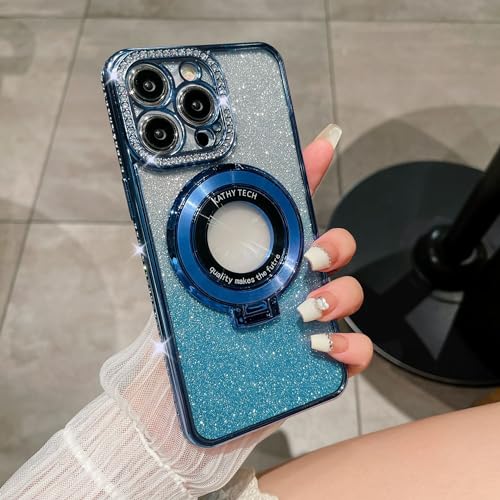 FIFTHAVE Glitzer Handyhülle iPhone 14 pro max Hülle Kompatibel mit MagSafe 6.7'' Strass Bling Diamant Schutzhülle mit Ring Kameraschutz Silikon Case Weich TPU Bumper für iPhone 14 pro max Blau von FIFTHAVE