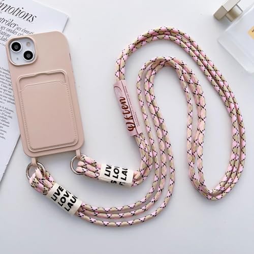 FIFTHAVE Handykette Handyhülle iPhone 15 pro Necklace Hülle mit Band Schutzhülle mit Kartenfach iPhone 15 pro Kordel zum Umhängen Weich TPU Silikon Bumper Case Schnur Cover 6.1'' Rosa von FIFTHAVE