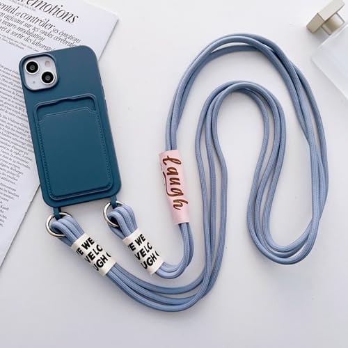 FIFTHAVE Handykette Handyhülle iPhone 15 pro max Necklace Hülle mit Band Schutzhülle mit Kartenfach iPhone 15 pro max Kordel zum Umhängen Weich TPU Silikon Bumper Case Schnur Cover 6.7'' Graublau von FIFTHAVE