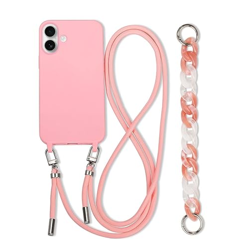 FIFTHAVE Handykette Kompatibel mit iPhone 16 Hülle mit Band,Necklace Handyhülle mit Armband iPhone 16 Schutzhülle mit Kette Silikon Case mit Kordel zum Umhängen Bumper Cover Rosa von FIFTHAVE