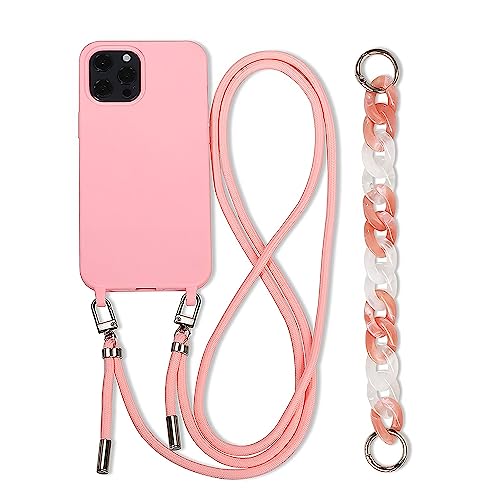 FIFTHAVE Handykette Kompatibel mit iPhone 16 Pro Hülle mit Band,Necklace Handyhülle mit Armband iPhone 16 Pro Schutzhülle mit Kette Silikon Case mit Kordel zum Umhängen Bumper Cover Rosa von FIFTHAVE