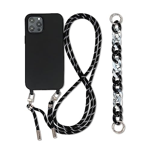 FIFTHAVE Handykette Kompatibel mit iPhone 16 Pro Max Hülle mit Band,Necklace Handyhülle mit Armband iPhone 16 Pro Max Schutzhülle mit Kette Silikon Case mit Kordel zum Umhängen Bumper Cover Schwarz von FIFTHAVE