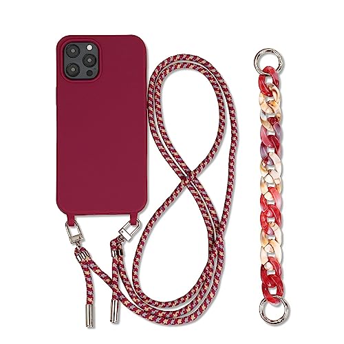 FIFTHAVE Handykette iPhone 14 Plus Hülle mit Band,Necklace Handyhülle mit Armband Schutzhülle Silikon Bumper Case Lanyard TPU Cover Kordel zum Umhängen für iPhone 14 Plus 6.7''Dunkelrot von FIFTHAVE