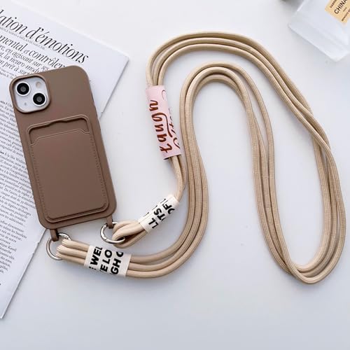 FIFTHAVE Handykette iPhone 14 pro Hülle mit Band 6.1'' Necklace Handyhülle mit Kartenfach Schutzhülle Silikon Kordel Bumper Case Stoßfest mit Kette Schnur Cover für iPhone 14 pro Khaki von FIFTHAVE