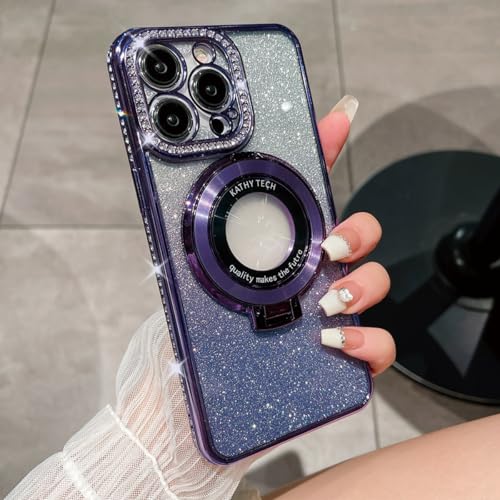 FIFTHAVE Magnetisch Handyhülle Kompatibel mit iPhone 16 Plus Glitzer Hülle mit Ständer 6,9",Ultradünn iPhone 16 Plus Hülle mit Ring Halter Glitzer Transparent Case Weiche Bumper Cover-Lila von FIFTHAVE