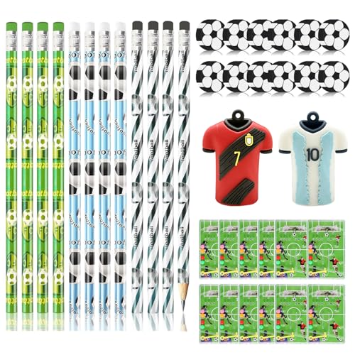 FIHODONE 38 Stück Fussball Geschenke Jungen,Fussball Mitgebsel Jungen mit 12 Fußball Bleistifte 12 Radiergummi Fussball 12 Fußball Flipperspiel und 2 Fußball-T-Shirt-Stil Bleistiftrollen von FIHODONE