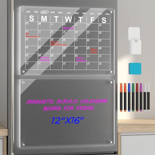 FINEW 2pcs Magnetischer Acryl-Kalender für Kühlschränke, 16"X12" Klare Acryltafel und Kalender für den Kühlschr, Klare Löschbare Monatliche und Memo Whiteboard Kalender Planer mit 8 Markern von FINEW