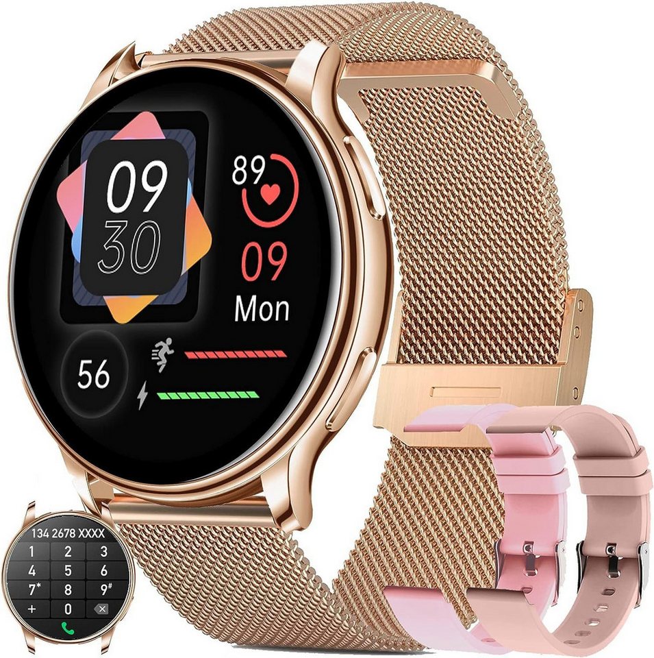 FITCXJX Damen mit Telefonfunktion Pulsmesser Schlafmonitor Smartwatch (1,32 Zoll, Android iOS), Mit SpO2 Menstruationszyklus Schrittzähler Musikplayer Fitness Tracker von FITCXJX