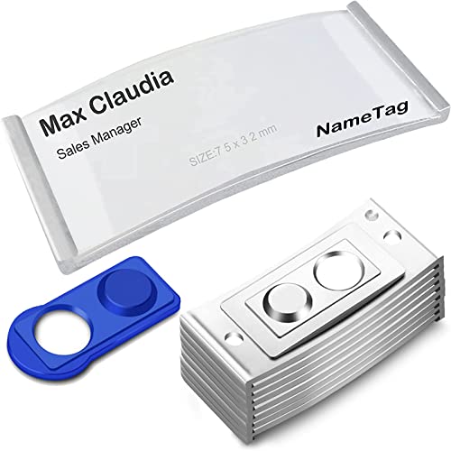 FIVAVA 10 STÜCK Namensschilder für Kleidung, Namensschild mit 2 Starkem Magnet, Namensschilder Magnet mit Papiereinschub, Transparent Magnet Namensschilder,modisch gewölbt, 75 x 32 mm, Silber von FIVAVA