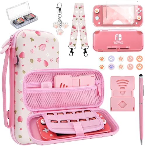 Switch Lite Protective Case 19 in 1 Accessories Bundle with Carrying Case, Switch Lite Carrying Case Travel Game Case with Screen Protector Cover, Humb Grips,Stand,Clear Case for Girls (Berry Pink) von FIWWAT