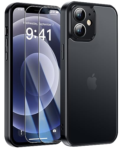 FLLAO Matt Handyhülle für iPhone 12 Hülle und 2 Schutzfolie, mit Kameraschutz [Militärnorm Schutz] urchscheinende PC Rückseite TPU Bumper Hülle für iPhone 12 - Schwarz von FLLAO