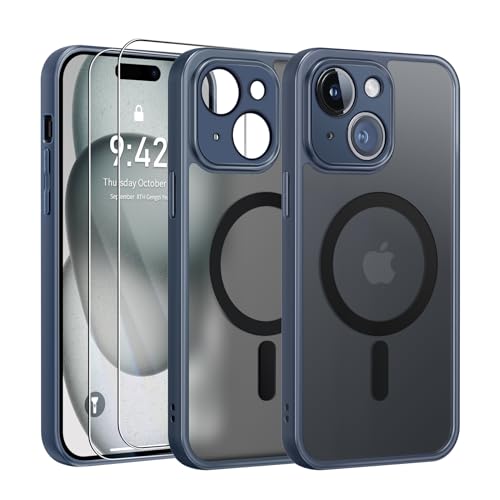 FLLAO Schutzhülle für iPhone 15, kompatibel mit MagSafe, mit 2 Displayschutzfolien aus gehärtetem Glas, [Kamera-Schutz], magnetisch, transparent, matt, Rückseite dünn, stoßfest, Sturmblau von FLLAO
