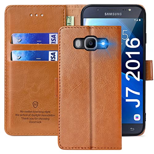 FMPCUON Hülle für Samsung Galaxy J7 2016 /J710 Handyhülle [Standfunktion] [Kartenfach] [Magnetverschluss] Tasche Flip Case Schutzhülle lederhülle klapphülle für Samsung Galaxy J7 2016 /J710 Braun von FMPCUON