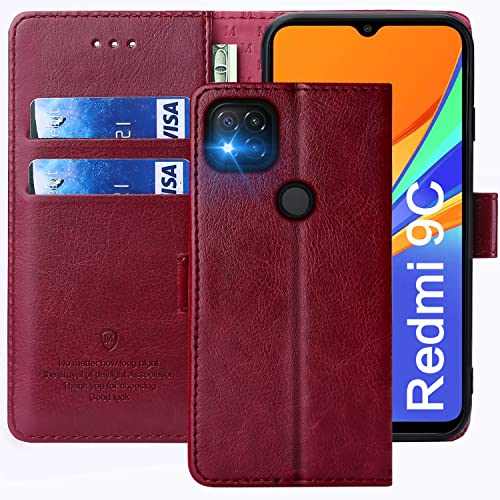 FMPCUON Hülle für Xiaomi Redmi 9C Handyhülle [Standfunktion] [Kartenfach] [Magnetverschluss] Tasche Flip Case Schutzhülle lederhülle klapphülle für Xiaomi Redmi 9C Rot von FMPCUON