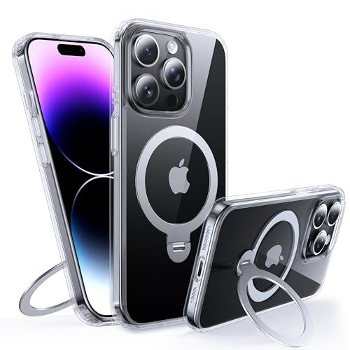 FNDMIL 360°Drehbarer Magnetisch für iPhone 14 Pro Max Hülle mit MagSafe [Rutschfester Textur][Unsichtbarer Ständer][Militär Schutz] Transparente Hartschale mit Silikon für iPhone 14 Pro Max Case,Klar von FNDMIL