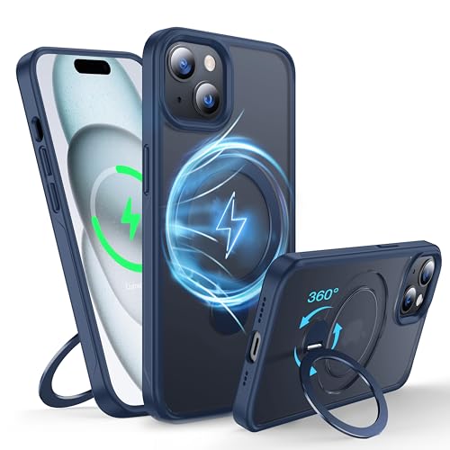 FNDMIL 360°Drehbarer Magnetisch für iPhone 15 Hülle mit MagSafe [Rutschfester Textur][Unsichtbarer Ständer][Militär Schutz] Translucent Matt Hardcase mit Silikon für iPhone 15 Case Dünn,Blau von FNDMIL