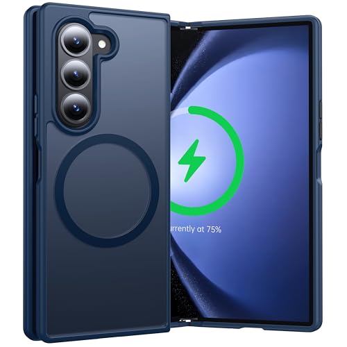 FNDMIL [NO.1 Magnetisch für Samsung Galaxy Z Fold 5 Hülle mit Mag-Safe[Translucent Matt][Anti-Fingerabdruck][Militär Stoßfest] Hardcase mit Weich Silikon Handyhülle für Fold 5 Case Dünn 7.6'',Blau von FNDMIL