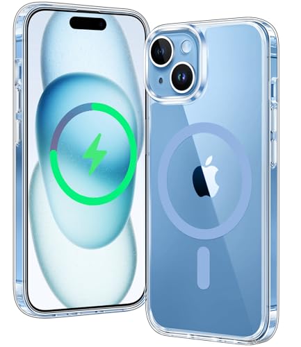 FNTCASE für iPhone 15 Clear Hülle: Hybrid Magnetische mit Kameraschutz Fallschutz Anti Vergilbung Kratzfest Militärschutz Dünne Transparent Handyhülle iPhone 15 Cover 6.1 Zoll Blau Klar von FNTCASE