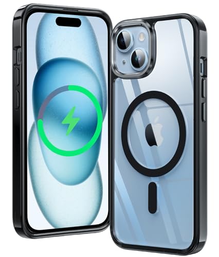 FNTCASE für iPhone 15 Clear Hülle: für iPhone 15 Cover Hybrid Magnetische mit Kameraschutz Anti Vergilbung Stoßfest Fallschutz Dauerhaft Militärschutz Handyhülle 6,1 Zoll Schwarz Klar von FNTCASE