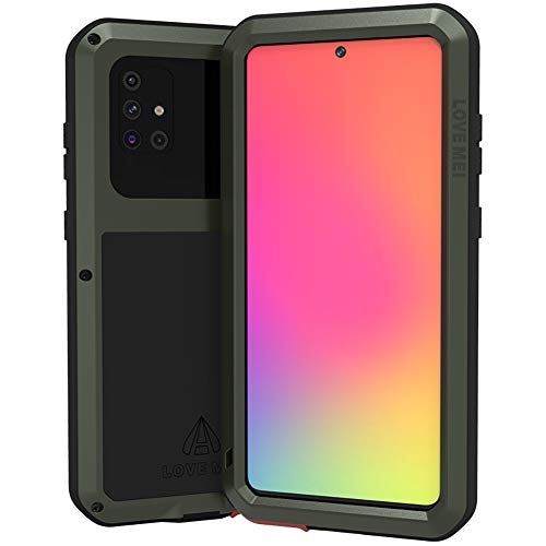 FONREST Ganzkörper Hülle für Samsung Galaxy A71 6,7-Zoll Love MEI Stoßfest Schwerlast Draussen Hybrid Aluminium Metall Staubdicht Case mit Hartglas, Unterstützt drahtloses Laden(Armeegrün) von FONREST