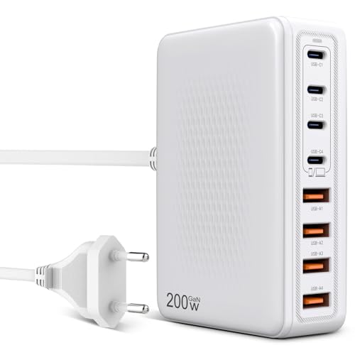 200W USB C Ladegerät, GaN III 8-Port USB Schnellladegerät PPS PD 65W,8-Port USB-C USB-A Hi-Speed Ladestation Hub Desktop Laptop Ladegerät Power Adapter für MacBook, iPhone, ipad,SteamDeck,Smartphones von FORETOO