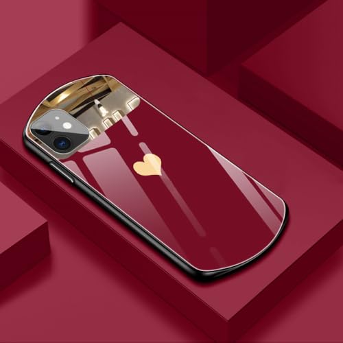 FORLUZ Luxuriöse, süße, ovale, herzförmige Handyhülle aus gehärtetem Glas für iPhone 15 14 13 12 11 Pro XS Max X SE 8 7 Plus, verspiegelte Silikonhülle, rot, für iPhone 12ProMax von FORLUZ