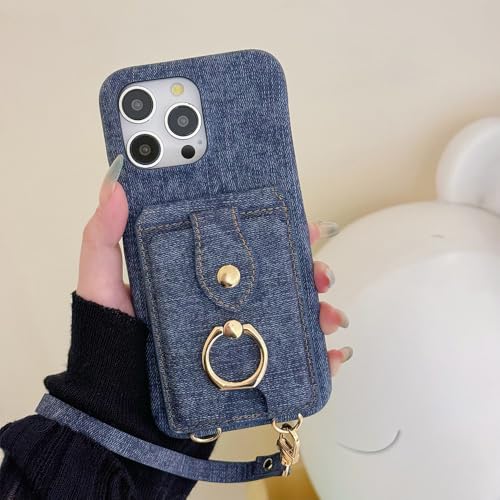 FORLUZ Luxuriöses Lanyard-Flip-Kartenetui aus PU-Leder mit Denim-Muster für iPhone 15 Pro Max 14 Plus 13 12 11 Standcover-Shell, Dunkelblau, Für 12 Promax von FORLUZ