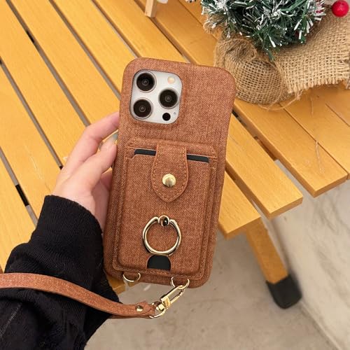 FORLUZ Luxuriöses Lanyard-Flip-Kartenetui aus PU-Leder mit Denim-Muster für iPhone 15 Pro Max 14 Plus 13 12 11 Standcover-Shell, Dunkelbraun, für iPhone 15 von FORLUZ