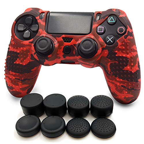 FOTTCZ Rutschfestes Silikon mit Punkten auf der Handgriff-Oberfläche, Schutz für PlaySation 4 Controller (Alias Wireless DualShock 4), 1 x rote Camou Controller Skin + 8 x Daumengriffkappen von FOTTCZ