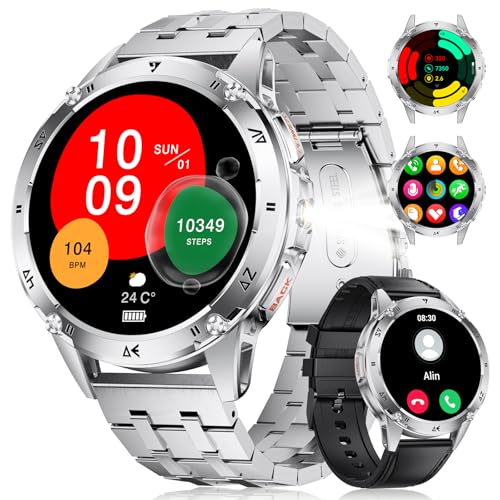 FOXBOX Military Smartwatch Herren mit Telefonfunktion Taschenlampe,1.43''AMOLED 530mAh 5ATM Wasserdicht,100+ Sport Modi Smart Watch Kalorie Herzfrequenz Blutdruckmessung Schlafmonitor Silbrig von FOXBOX