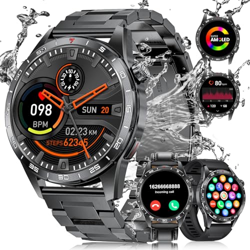 FOXBOX Smartwatch Herren Telefonfunktion,1.43'' AMOLED Fitness wasserdichte,100+ Sport Modi mit Bluetooth Smart Watch,Herzfrequenz Kalorien Schlaf Erkennung Android iOS 400mAh Schwarz von FOXBOX