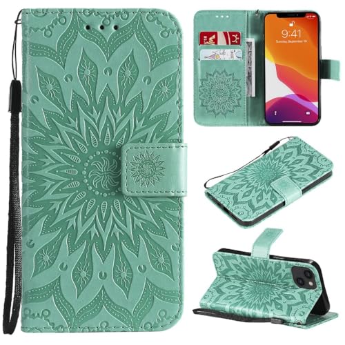 FQYTECLLF Case for Apple iPhone 13,Geprägte Sonnenblume Design PU Leder Flip Geldbörse Stand Card Slots Case for Apple iPhone 13 (6.1")(2021) von FQYTECLLF