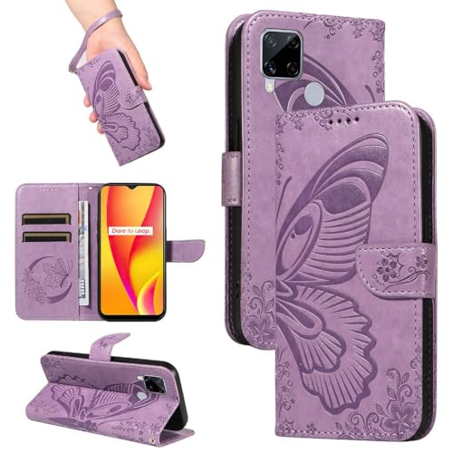 FQYTECLLF Case for Realme C12,Geprägte Schwalbenschwanz Schmetterling Design PU Leder Flip Geldbörse Stand Card Slots Fall für Realme C12 (6.5")(2020) von FQYTECLLF