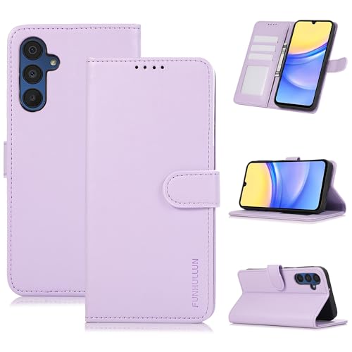 FUNHULLUN Leder Hülle für Samsung Galaxy A15 Handyhülle mit Geld und Kartenhalter Klapphülle Schutz Schutzhülle，360°Stoßfest Kratzfeste Case für Samsung Galaxy A15,Helles Lila von FUNHULLUN