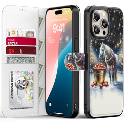 FUNMIKO Schutzhülle für iPhone 15 Pro Max mit Weihnachtsmotiv, abnehmbare Klappschutzhülle aus Leder, RFID-blockierend, 4 Kartenfächer, magnetischer Ständer, trendiges Design, Weihnachtspferd und von FUNMIKO