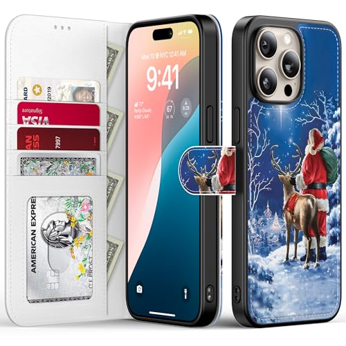 FUNMIKO Schutzhülle für iPhone 15 Pro mit Weihnachtsmotiv, abnehmbare Klappschutzhülle aus Leder, RFID-blockierend, 4 Kartenfächer, magnetischer Ständer, trendiges Design, Sternennacht, Weihnachtsmann von FUNMIKO