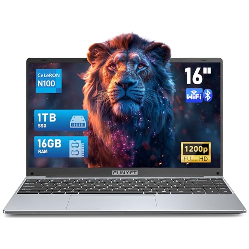 FUNYET Laptop mit 40,6 cm (16 Zoll), Prozessor Celeron N100 (bis zu 3,4 GHz), Win 11 mit 5G WLAN, Notebook mit 16 GB RAM, 1 TB SSD-Erweiterung 1 TB, 1920 x 1200 FHD Notebook, Tastatur mit von FUNYET