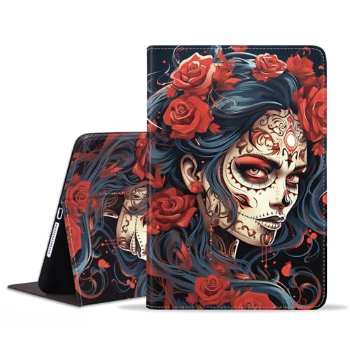 iPad 9.7 2018/2017 Hülle, iPad Air 2, iPad Air, Pro 9.7 Hülle, Schutzhülle aus Leder, verstellbarer Ständer, Auto Wake/Sleep Smart Case für iPad 6. / 5. Generation, Sugar Skull Girl Roses von FVAENDHIO