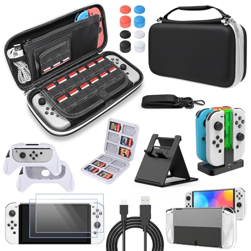 Zubehör Bundle Kompatibel mit Nintendo Switch OLED Modell - Tragetasche & Schutzhülle & Ladegerät für Joycon & Handgriff für Switch OLED - Schwarz von FYOUNG