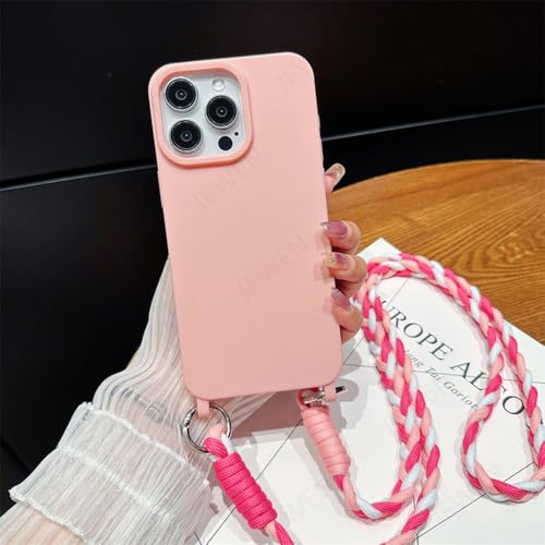 FYYFTYT Crossbody-Halskette mit Umhängeband, Handyhülle für iPhone 15 14 Plus 13 12 11 Pro Max X XS XR, weiche TPU-Silikon-Rückseite, Pink, für iPhone 12 von FYYFTYT