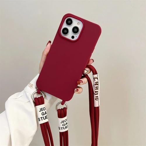 FYYFTYT Crossbody-Halskettengurt-Lanyard-Bonbonfarbene Hülle für iPhone 15 14 13 12 Mini 11 Pro Max Plus Silikon-weiche TPU-Rückseite, Weinrot, Für iPhone 13 von FYYFTYT