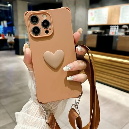 FYYFTYT Crossbody Lanyard Strap Love Heart Handyhülle für iPhone 15 14 Plus 13 12 11 Pro Max X XR XS Silikon Weiche TPU-Rückseite, braun, für iPhone 13 Pro von FYYFTYT