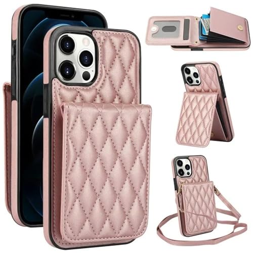 FYYFTYT Crossbody-Leder-Geldbörsen-Karten-Handyhülle für iPhone 15 Pro Max 14 Plus 13 12 11 XR X XS SE 2022 8 7 Lanyard Flip Stand Cover Bag, Roségold, Für iPhone 14 Pro von FYYFTYT