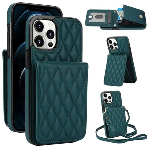 FYYFTYT Crossbody-Leder-Geldbörsen-Karten-Telefonhülle für iPhone 15 Pro Max 14 Plus 13 12 11 XR X XS SE 2022 8 7 Lanyard Flip Stand Cover Bag, grün, für iPhone 12 von FYYFTYT